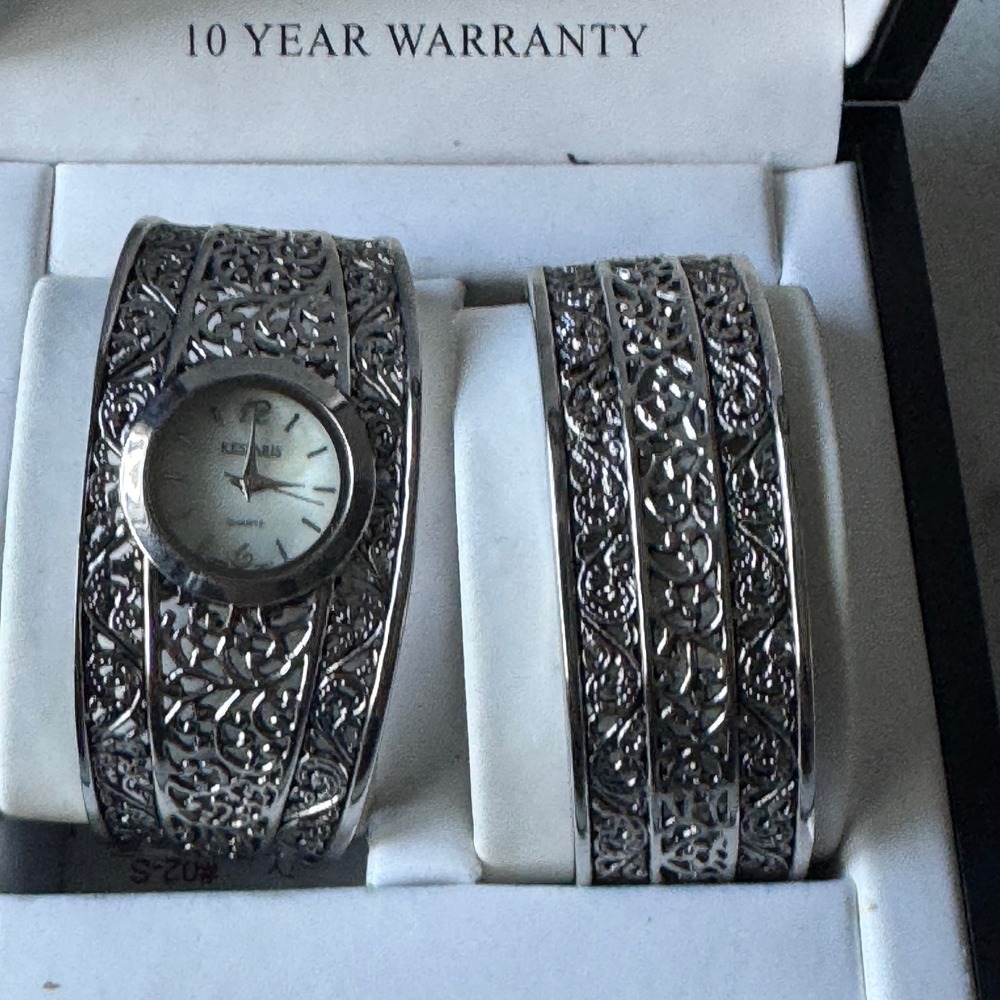 Kessaris Womens Silver Tone Filigree Cuff Watch and Matching Bangle Bracelet Set